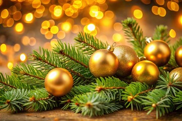 Obraz premium Christmas Festive Banner Featuring Lush Fir Branches Adorned with Elegant Golden Decorations for a Joyful Holiday Atmosphere
