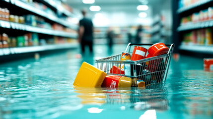 A flooded grocery store aisle with a shopping cart overturned and items floating in water.