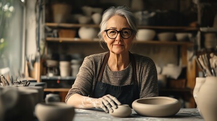 Fototapeta premium A senior woman wearing glasses and a sweater is looking at the camera while working on a pottery project.