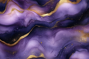 Fototapeta premium Purple and gold abstract marble background with sparkles.