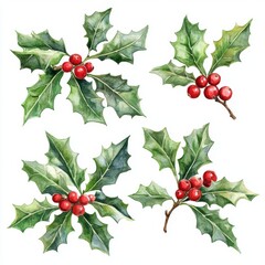 Watercolor Illustration of Holly Leaves on White Background, ideal for Christmas and Winter Designs Generative AI