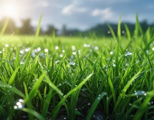 Crystal clear water droplets on fresh green grass with a dewy morning background, raindrops, wet