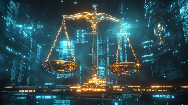 Golden scales balance over futuristic city, neon glow