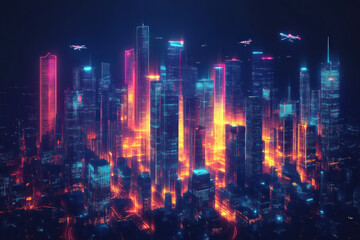 Fototapeta premium Neon-lit cityscape at night with flying drones.