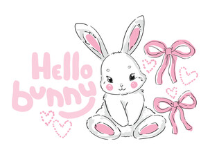 Cute Bunny vector illustration print design rabbit, children print on t-shirt, Hand Drawn 