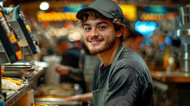 A genial young man working as a cashier in a bustling cafe, his amiable expression and casual attire contributing to the warm and friendly ambiance of the eatery.