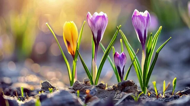 Early spring crocuses emerging from frosty soil at sunrise with soft light casting gentle shadows