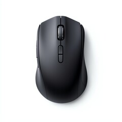 A sleek black wireless mouse with a smooth design, featuring a scroll wheel and buttons, suitable for ergonomic use.