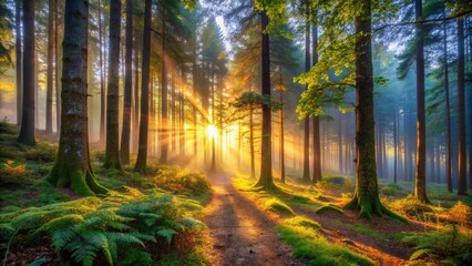 Fototapeta premium Enchanting Dawn Light in a Dense Forest - Low Light Photography, Nature, Tranquil, Early Morning, Forest Scenery, Sunlight, Mist, Serene, Landscape,