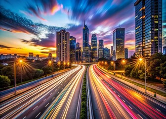 Fototapeta premium Cityscape Hyperlapse: Night Road Trip, Light Trails, Long Exposure Panoramic Photography