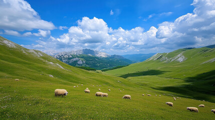 Peaceful Mountain Pasture with Sheep Grazing under a Sunny Sky