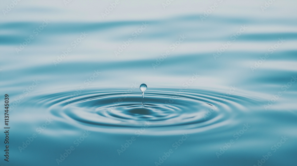 Poster water drop ripples: a single water droplet creates a serene pattern of concentric ripples on a calm,