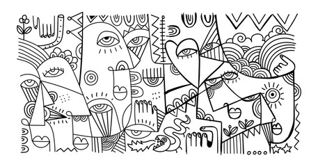 abstract hand drawing face portrait geometric decorative doodle outlines vector illustration. Line art black and white aesthetic design for wall art, prints, cards, decoration, banner and background.
