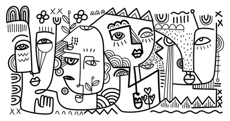 abstract hand drawing face portrait geometric decorative doodle outlines vector illustration. Line art black and white aesthetic design for wall art, prints, cards, decoration, banner and background.