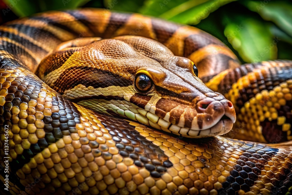 Aufkleber close-up capture of a boa constrictor showcasing the stunning patterns of its scales with its head g