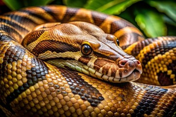 Obraz premium Close-Up Capture of a Boa Constrictor Showcasing the Stunning Patterns of Its Scales with Its Head Gracefully Resting on Its Coiled Body in a Natural Setting