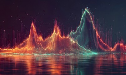 Abstract glowing data waves reflected on water.