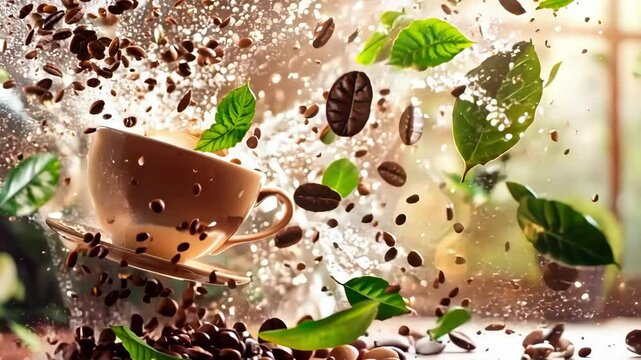 Levitating Coffee Cup on Cherry Wood Background, Enhanced by Backlit Coffee Beans and Leaves