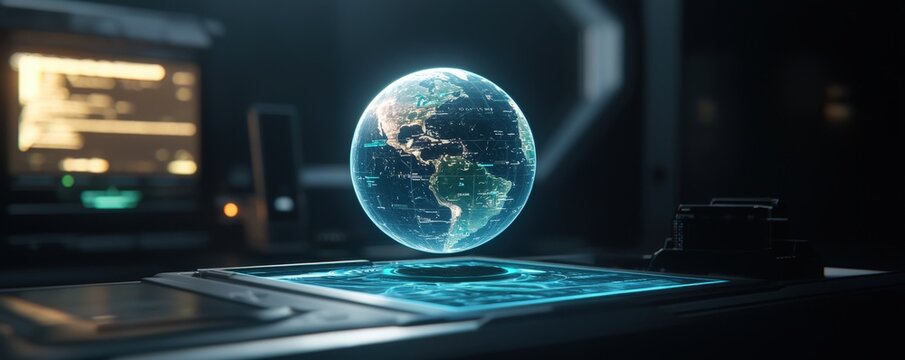 Futuristic Business Partnerships for Environmental Awareness concept. Holographic globe displaying digital world map and data interface.