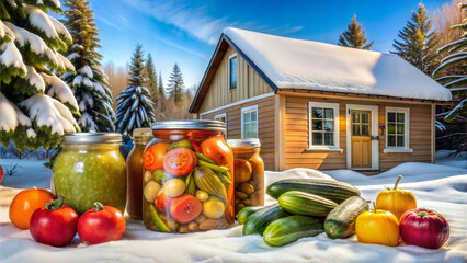 Jars of preserved vegetables and fruits in snow-covered landscape with a cozy cabin in winter
