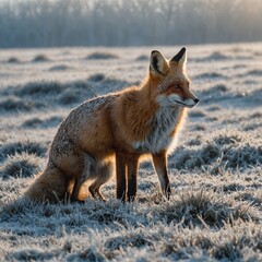 Fototapeta premium A fox and a hare sharing a quiet moment in a frosty field, set against a radiant white glow.