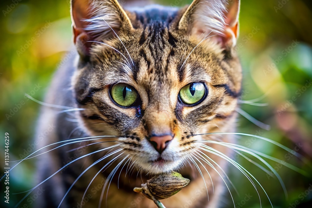 Poster close-up of a cat carrying a caught mouse in its teeth, showcasing the intricate details of fur and 