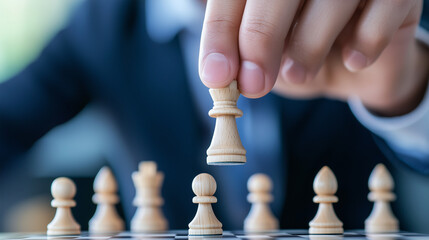 Strategic Move: A close-up shot of a hand in a business suit moving a chess piece, symbolizing strategic planning, calculated risks, and the competitive business world.  
