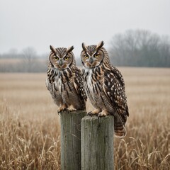 A pair of owls perched on a fence post in a quiet field, against a soft white background.