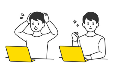 パソコンを見て焦る･ガッツポーズをする若い男性のセット【人物ベクターイラスト素材】