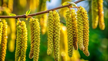 Obraz premium Close-Up of Male Catkins on Common Hazel Tree in Springtime, Showcasing Delicate Texture and Vibrant Green Background for Nature Enthusiasts and Botanists