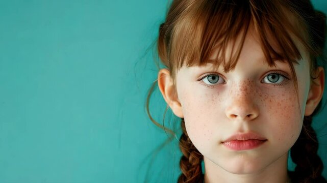 Young girl with red hair and freckles wearing a green sweater, standing against a plain teal background. Serious expression.