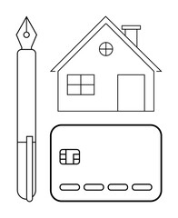 Fountain pen, simple house, and credit card outline emphasizing financial planning, real estate, and contractual agreements. Ideal for finance, home loans, real estate, legal documentation banking