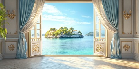 light blue and gold luxury open window with elegant curtain, beige wooden balcony, beautiful green island with clear water 