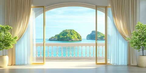Fototapeta premium light blue and gold luxury open window with elegant curtain, beige wooden balcony, beautiful green island with clear water 