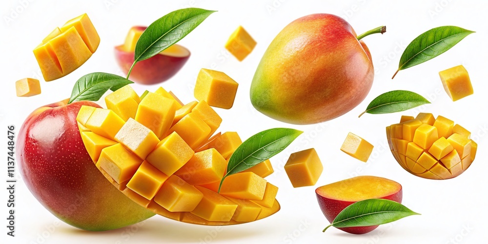 Poster collection of airborne mango cubes and slices isolated on white background for culinary displays and