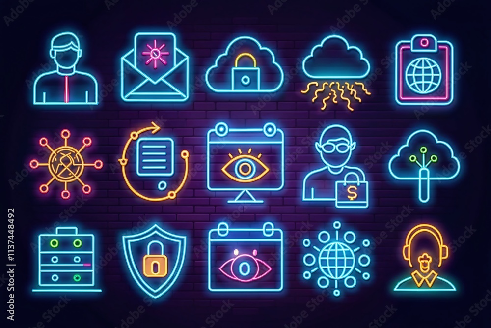 Poster collection of candid hacker activity illustrations featuring ai, cloud technology, worm virus, hacki