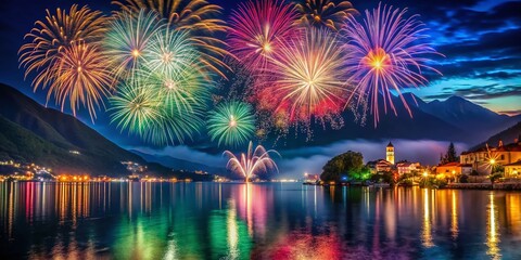 Obraz premium Colico Italy Fireworks Festival: Stunning Night Sky Display, Lake Como, Summer Celebration, Pyrotechnics Show