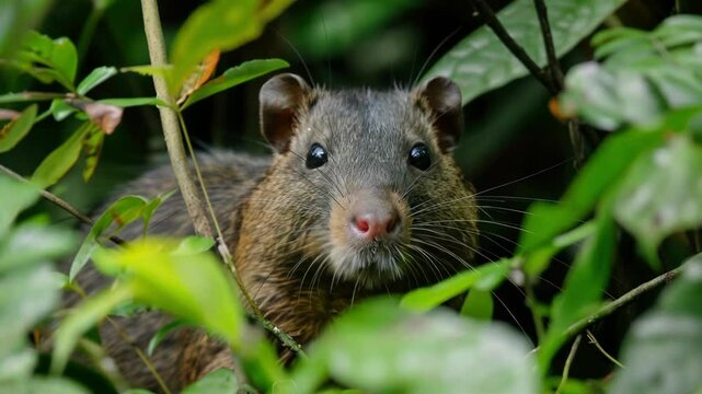 Curious agouti nestled among lush green foliage in a tropical rainforest scene AI
