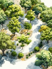 Watercolor Illustration of Trees Forming a Pattern on a Roof Garden, potential usecase for gardening, architecture, and landscape design Generative AI