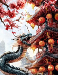Fototapeta premium Dragon Over Pagoda Happy New Year