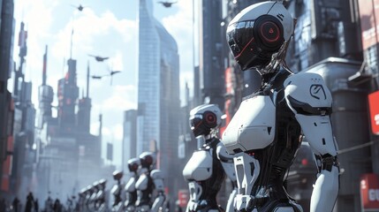 Futuristic cityscape featuring humanoid robots and drones in a high-tech environment.