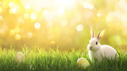 Fototapeta premium Adorable white rabbit on sunny meadow