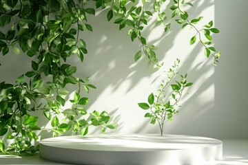 Elegant white podium amidst lush green leaves, bathed in soft sunlight and natural shadows