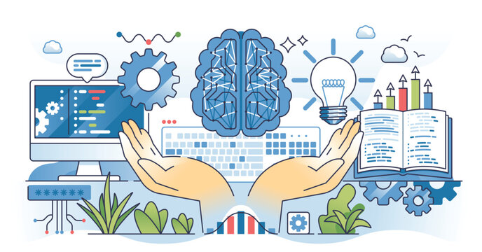 AI for beginners concept shows hands holding digital brain, computer, and light bulb. Outline hands concept