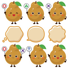 ○×△の札を持った茶色の洋梨のキャラクター