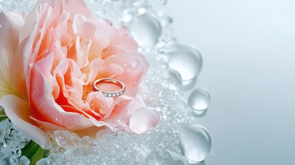 Fototapeta premium Promise ring rose concept. A rose with a ring, surrounded by droplets of water.