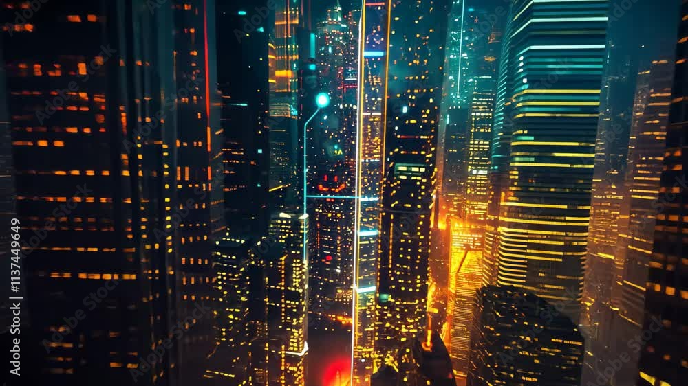 Poster a bustling metropolis of the future, featuring a cityscape adorned with an array of dazzling and vib