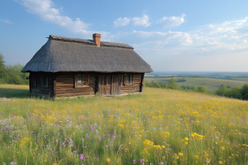Fototapeta premium Old wooden house with thatched roof in a field of wildflowers.