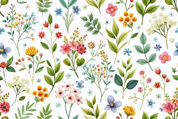 Colorful Ditsy Floral Pattern with Hand-Drawn Mini Flowers and Leaves on a Clean White Background for Elegant Botanical Designs