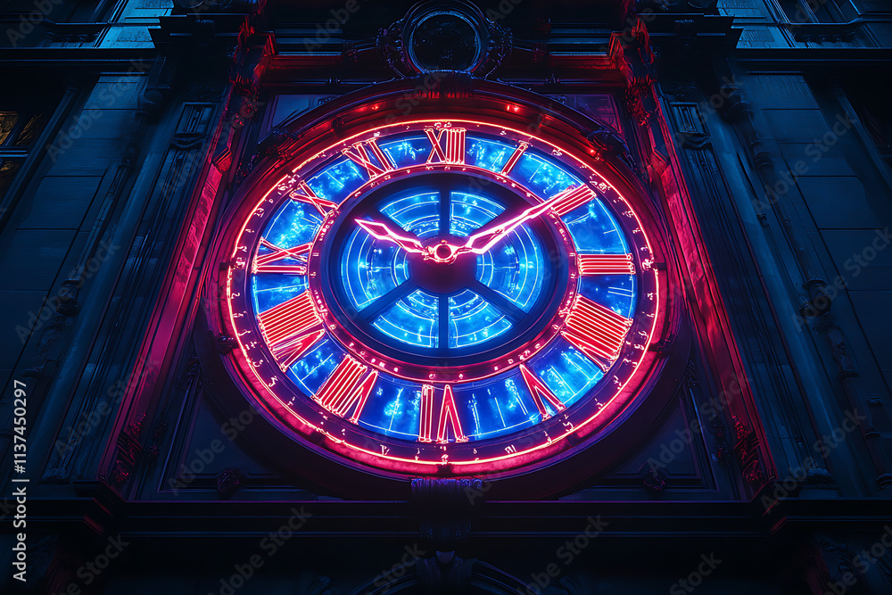 Poster a vibrant neon clock displaying the time with intricate design elements.